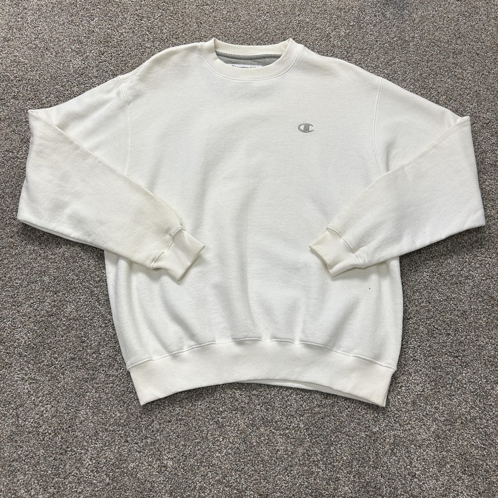Champion Sweatshirt Mens L White Fleece Pullover Embroidered Logo Crewneck